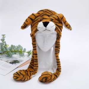 Detailed view of plush tiger hat with moving ears and soft orange striped fabric