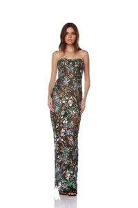 Detail view of intricate teal flower embroidery and sequins on brown mesh tube dress