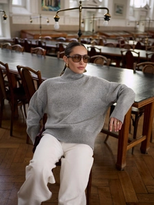 Women's chic grey turtleneck loose knit sweater for autumn winter and casual wear