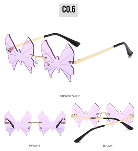 Three-view display of rimless butterfly sunglasses with purple lenses and gold metal frame