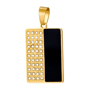 Detailed close-up of a gold-plated rectangular pendant with black enamel and micro-paved zircons