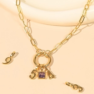 Luxurious 18K gold plated necklace featuring DIY number pendants and purple gemstone