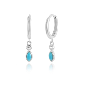 Detail view of S925 sterling silver hoop earrings with marquise turquoise and zircon stones