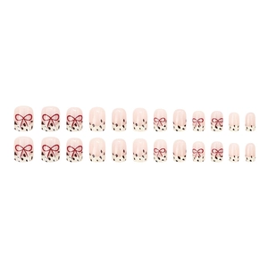 24er-Set eckige Kunstnägel in Zartrosa mit roter Schleife und Leoparden-Design