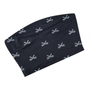 Close-up of black tube top with white bow print and rhinestone effect details
