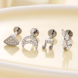 Titanium silver moon and triangle piercing studs with cubic zirconia 4-piece set