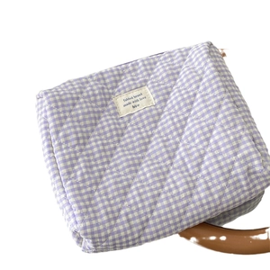 Berry plaid quilted cotton makeup bag with high capacity and aesthetic purple check pattern