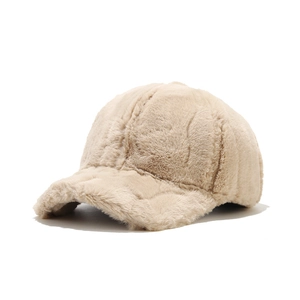 Winter faux fur baseball cap in beige plush fabric with a soft minimalist design