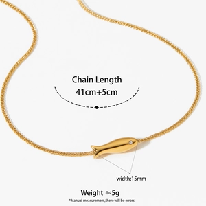Gold stainless steel fish pendant necklace with sparkling stone on a fine 41cm chain