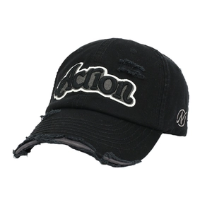 Vintage distressed black baseball cap with Action letter embroidery and ripped details