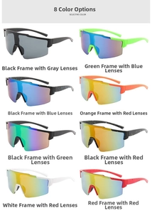 Selection of eight colorful sports sunglasses for outdoor cycling with polarized lenses