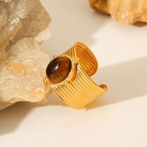 Retro 18K gold plated stainless steel wide ring with oval natural tiger eye stone