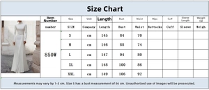 Detailed size chart for elegant high-neck long sleeve wedding dress with pleats