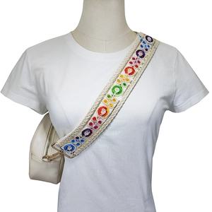 Bohemian embroidered shoulder strap with floral lace and gold buckles for crossbody bags