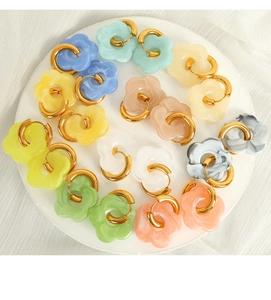 Macro detail of colorful camellia flower charms on gold stainless steel hoop earrings