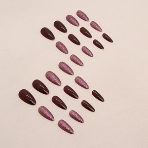 Almond cherry red press-on nails with glitter ombre finish, set of 24 pieces