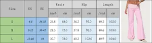 Detailed size chart for American leisure trousers showing US, EU, and cm measurements