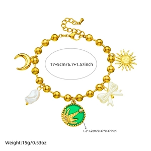 Gold-plated stainless steel bead chain bracelet with sun moon pendants and white pearls