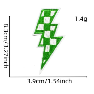 Detail of green plaid lightning bolt embroidered patch showing exact dimensions and stitching