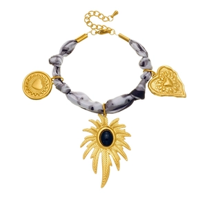 Vintage ink-wash ribbon bracelet with heart charms and blue gemstone leaf pendant