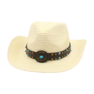 Bohemian beige straw cowboy hat with turquoise beads and bronze floral accents