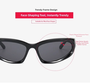 Detail of glossy black Y2K sunglasses with dark UV protection lenses on white background