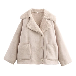Detailed view of beige faux shearling jacket with large lapels and button closure