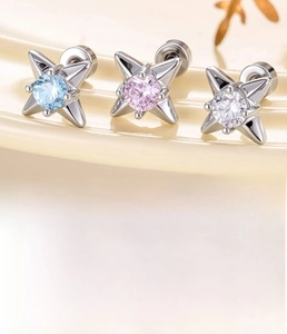 Detailed view of silver star ear studs with blue and pink zircon including size specifications