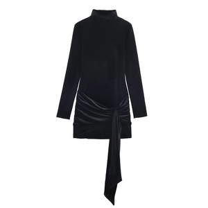 Fluwelen Mini Jurk Hooggesloten Lange Mouwen Geplooid Met Streamers Bodycon Slanke Pasvorm Elegante Feest Avondjurk Dames