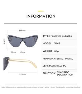 Detailed size chart for rimless cat-eye cyber sunglasses with metal frame dimensions