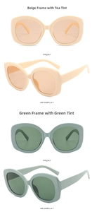 Detail view of oval retro sunglasses in beige and green frames with tinted lenses