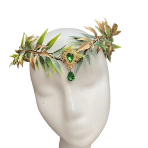 Baroque forest style headband with gold leaves and green gemstone pendant on model