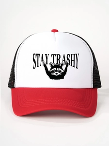 Close-up of Stay Trashy trucker hat with raccoon graphic and red white mesh detail