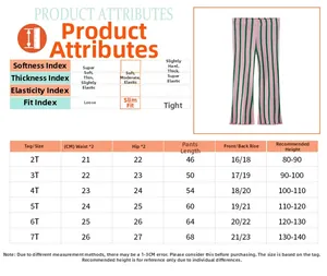 Size chart for girls flare leggings with measurements for waist, hip, and length