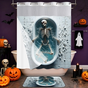 Set da bagno di Halloween con tenda da doccia scheletro 3D e tappetino antiscivolo coordinato