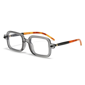 Modern square sunglasses with transparent grey frames and classic tortoiseshell temples