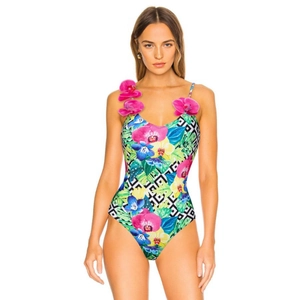 Costume da bagno intero floreale con spalline di orchidee 3D e motivi tropicali