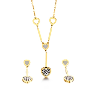 Heart Stainless Steel Necklace And Earrings With Zircon Shell Inlay Elegant Fashion Jewelry Accessories For Women