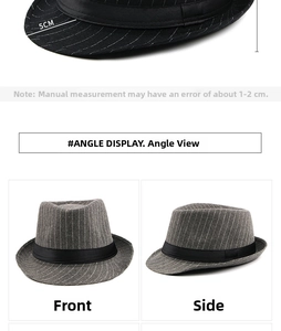 Detail view of grey pinstripe fedora hat with 5cm brim and black ribbon band