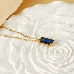 18K gold plated stainless steel necklace featuring a blue rectangular zircon pendant