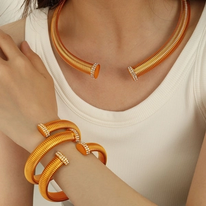 Stainless Steel Ribbed Spiral Necklace Open Cuff Bracelet Hoop Earrings Ring Rhinestone Jewelry For Women Gift Gold Silver