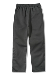 Detailed close-up of the elastic waistband and fabric texture on black straight-leg pants