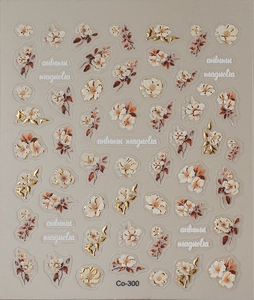 Detailed view of 5D gold embossed autumn magnolia flower nail stickers with gold foil details