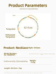 Detailed chart showing beaded necklace specs with turquoise and freshwater pearls