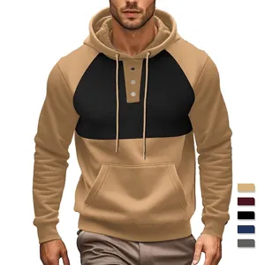 Men's casual patchwork hoodie in khaki and black with drawstring and kangaroo pocket