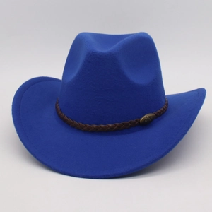Classic royal blue western cowboy hat with brown braided leather band and metal buckle