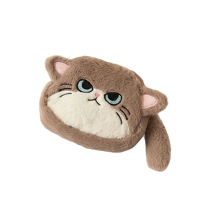Cute large capacity plush cat coin purse in brown and white with detailed embroidery