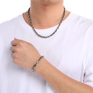 Silver stainless steel chain set for men including square link necklace and bracelet
