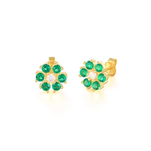 Macro detail of gold S925 floral stud earrings with green petals and zircon center