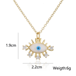 Detailed specs of evil eye pendant: 1.9cm height, 2.2cm width, 6g weight on white background